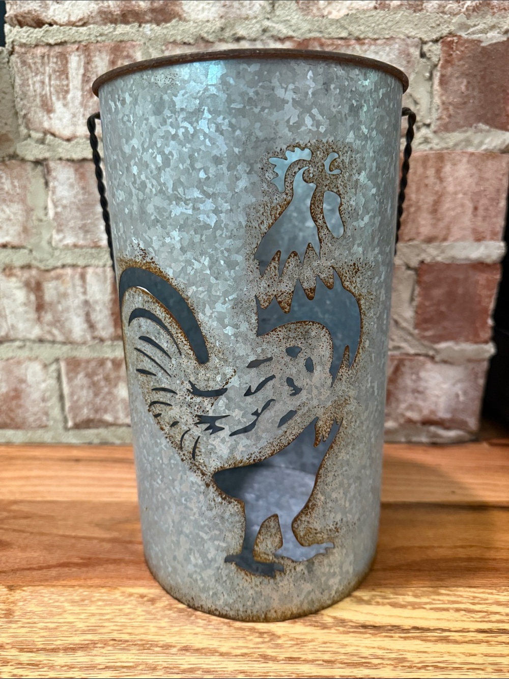 Rustic Galvanized Metal Bucket Cut Out Rooster Silhouette Twisted Wire Handle